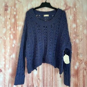 Altar’d State Cobalt Blue Distressed Cableknit Oversized Cropped Sweater Sz L